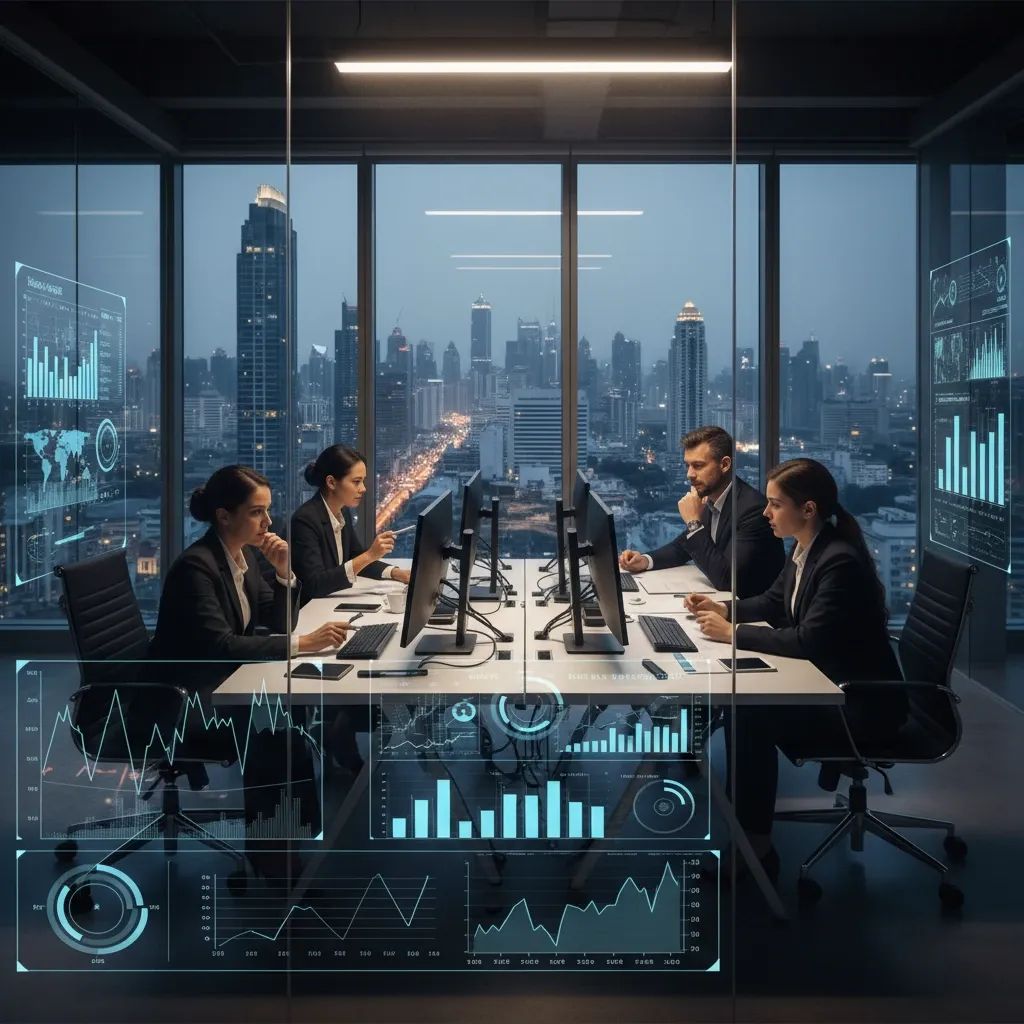 Business professionals reviewing tariff impact data with Bangkok skyline in background