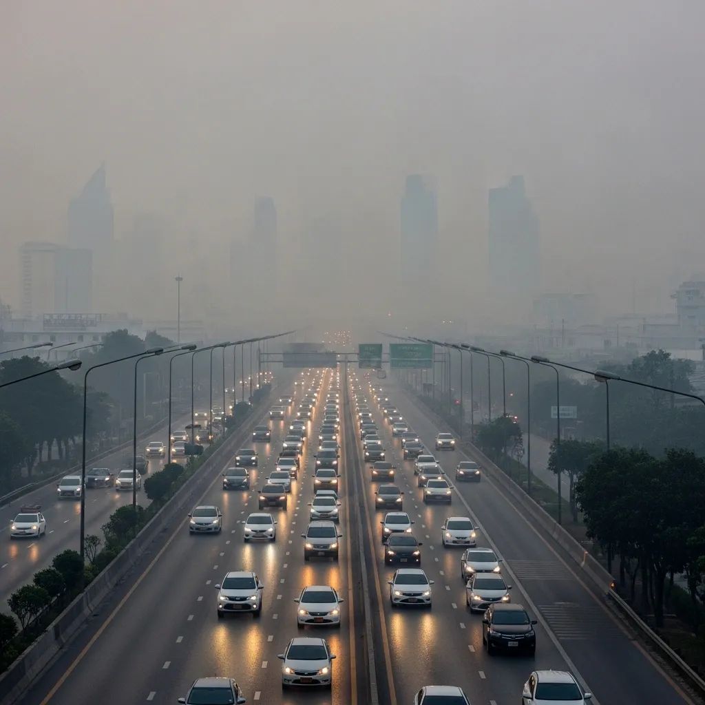 Urban Thai highway and skyline shrouded in thick grey haze of air pollution at dawn