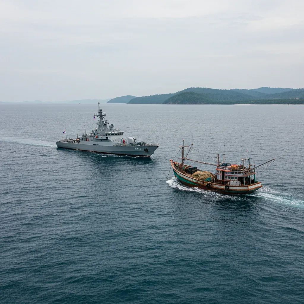 Thai naval patrol boat intercepts a fishing trawler in contested Gulf waters under cloudy skies
