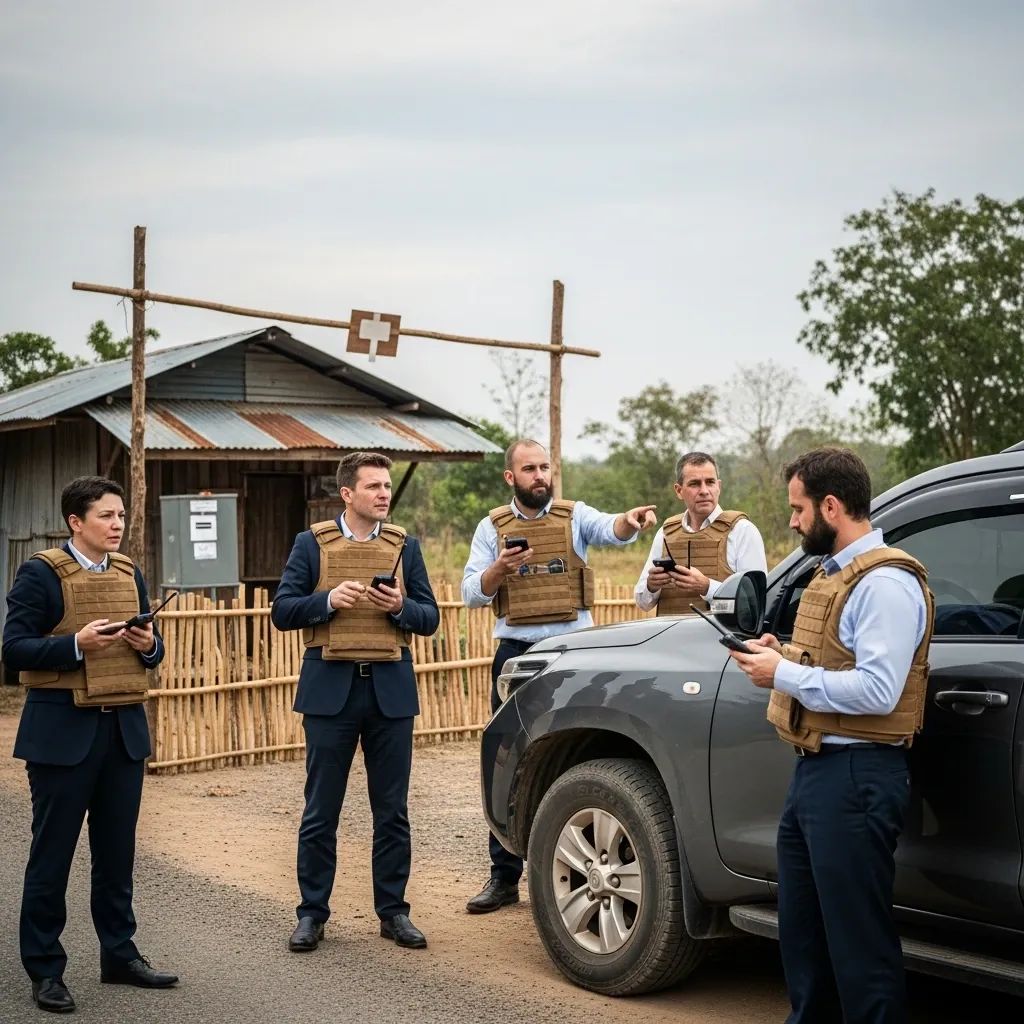 Thai diplomats in body armor beside unmarked vehicle monitoring vote at Myanmar-Thailand border checkpoint