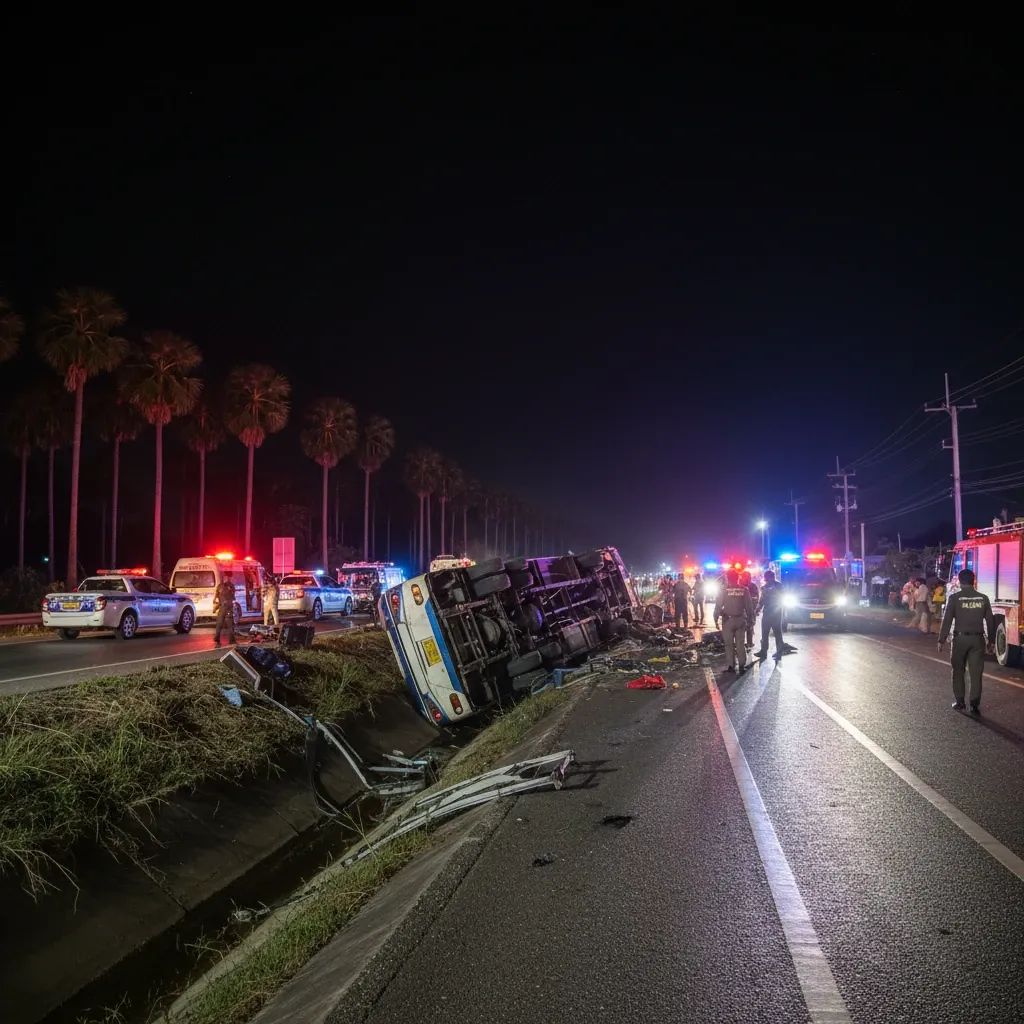 Overturned double-decker bus in a roadside ditch lit by flashing emergency lights on a dark Thai highway
