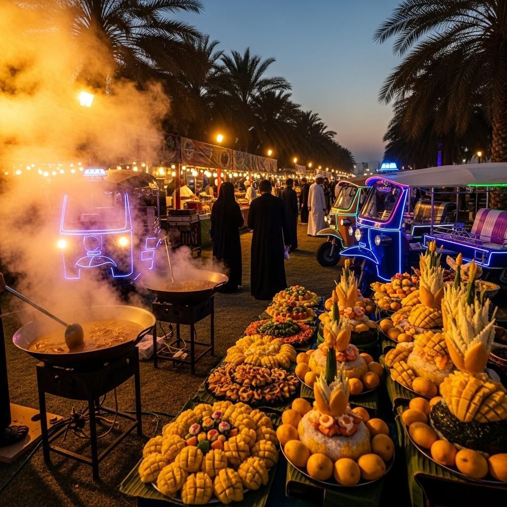 Thai food stalls under date palms and neon lights at Riyadh food festival