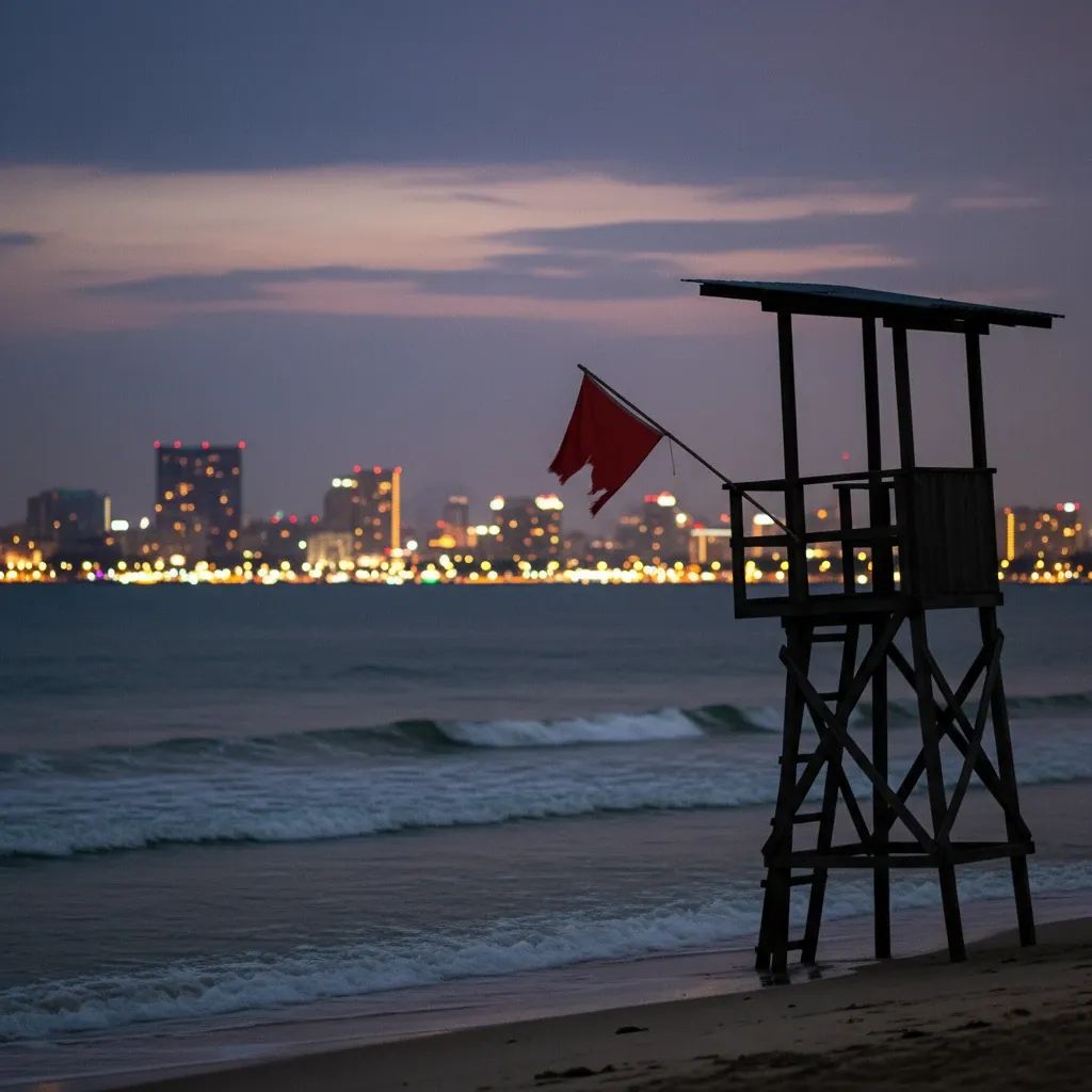Dimly lit Jomtien Beach at night showing a closed lifeguard tower and red warning flag near the surf