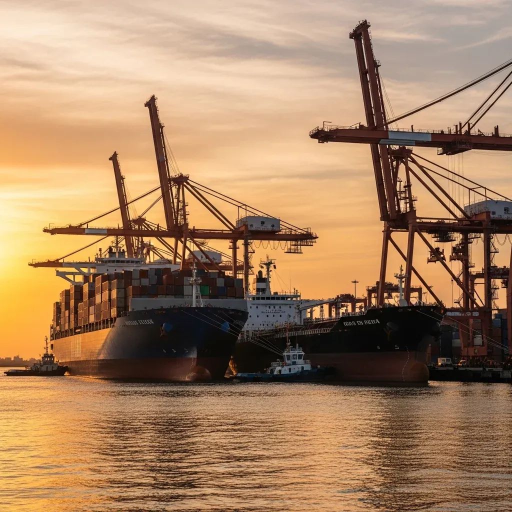Container ship and oil tanker docked at a busy port terminal symbolizing Thailand–Iran trade and energy risk