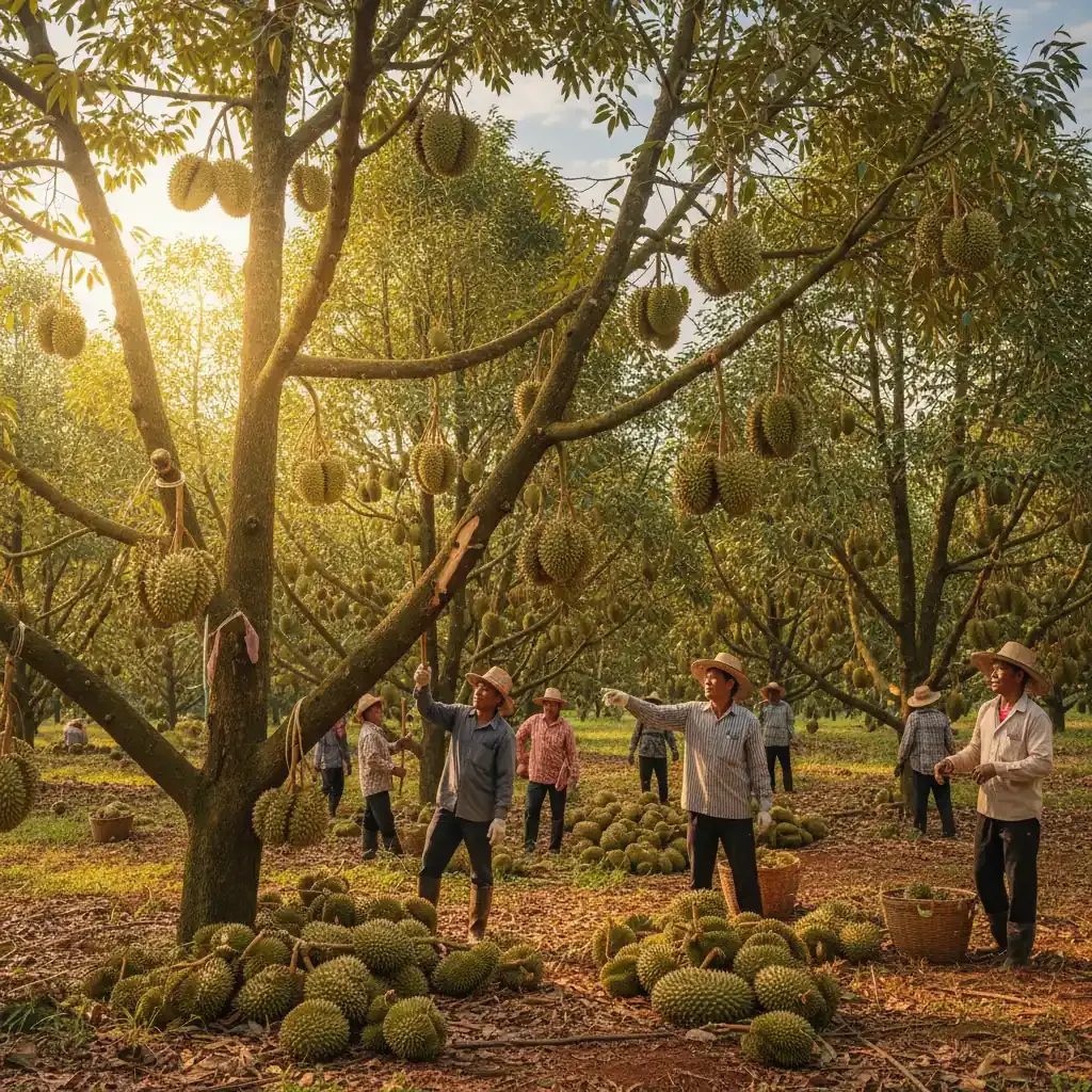 Thai durian orchard during harvest season with workers picking ripe fruit from laden trees