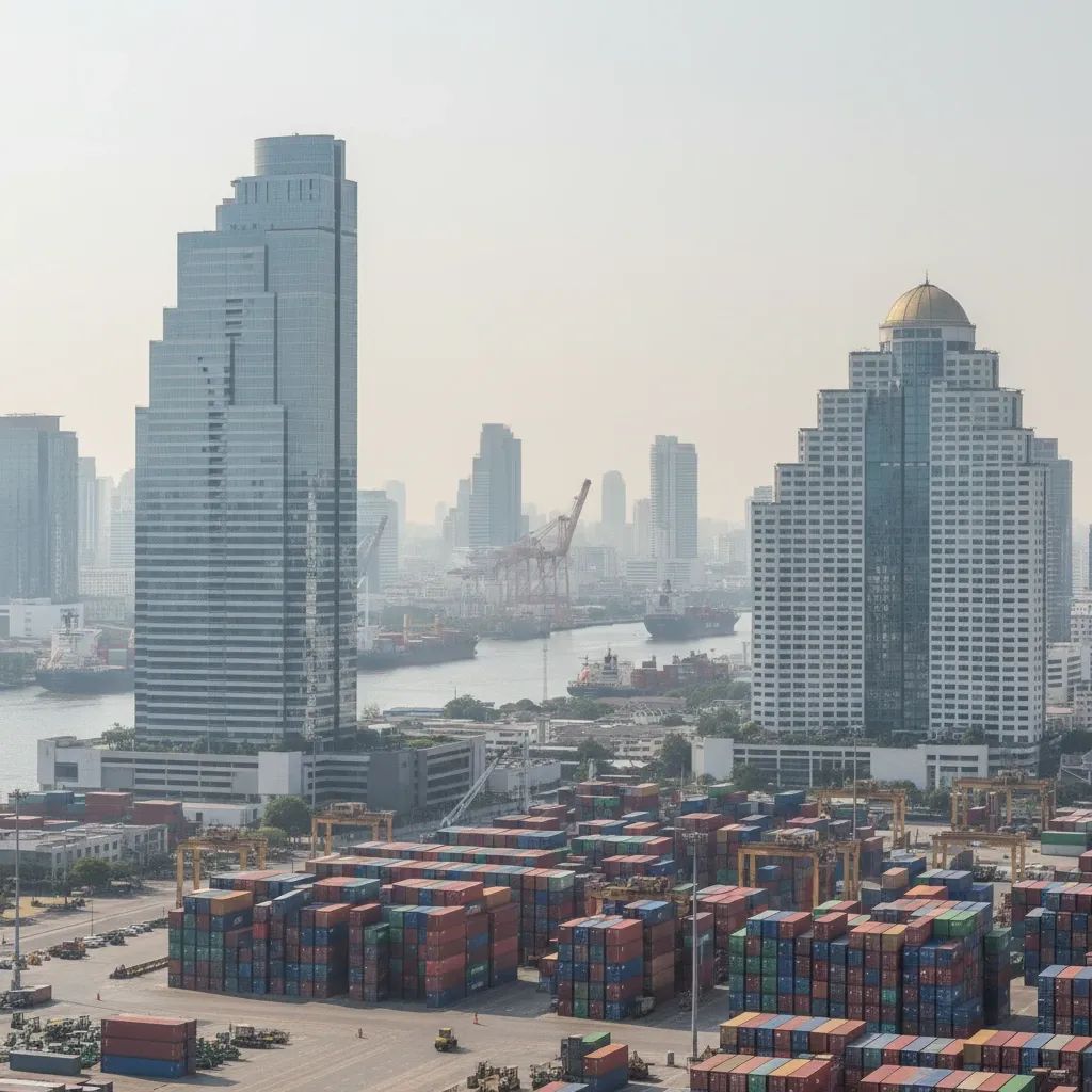 Bangkok business district skyline with shipping containers representing Thailand's trade negotiations