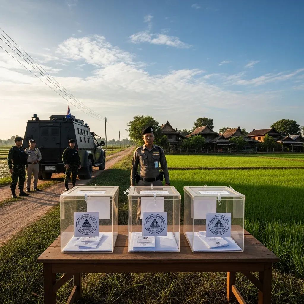 Uniformed officers monitor a rural polling station with ballot boxes in Buri Ram near the Cambodian border