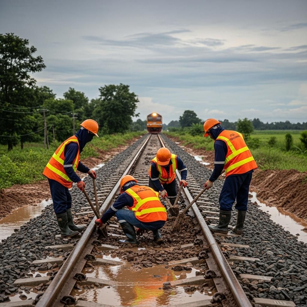 Workers in orange vests repairing a flood-damaged railway track in southern Thailand
