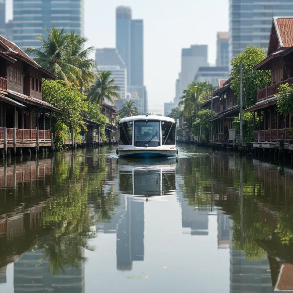Modern electric canal taxi gliding on a Bangkok canal with riverside buildings in the background