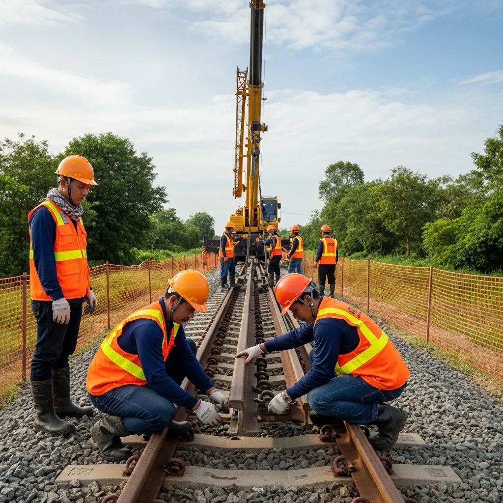 Workers in safety gear repairing railway tracks near Kaeng Khoi Junction after crane collapse