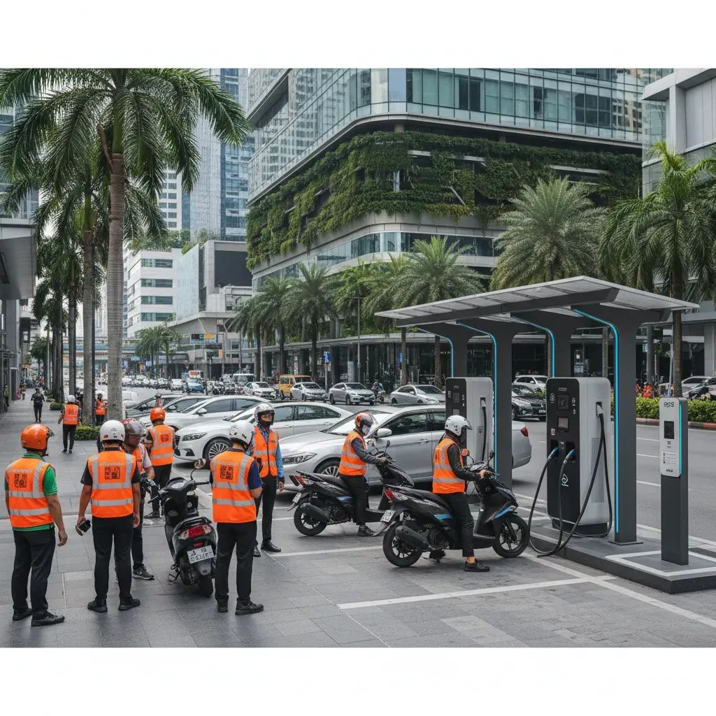 Grab EV drivers and modern electric vehicle charging station in Thailand urban setting