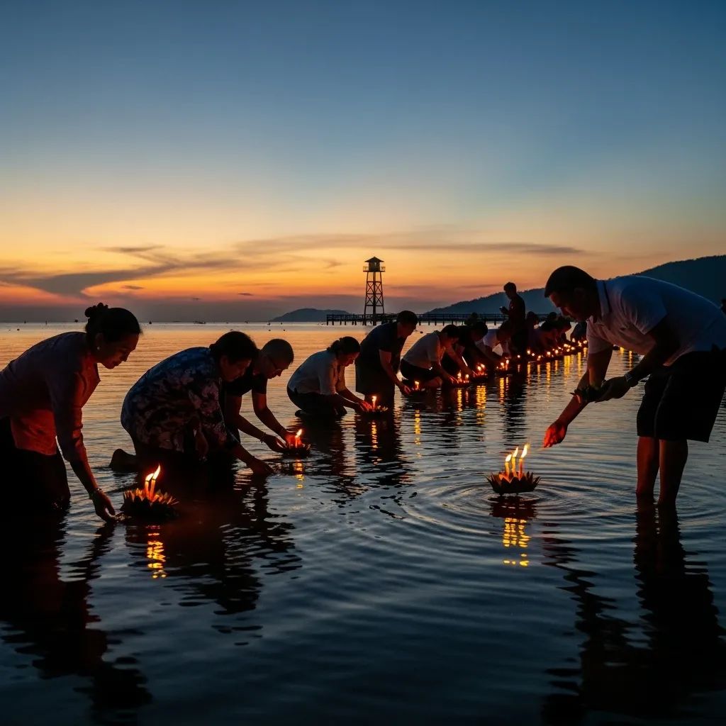 Silhouettes of people releasing candle-lit krathong on an Andaman beach at dusk beside a siren tower