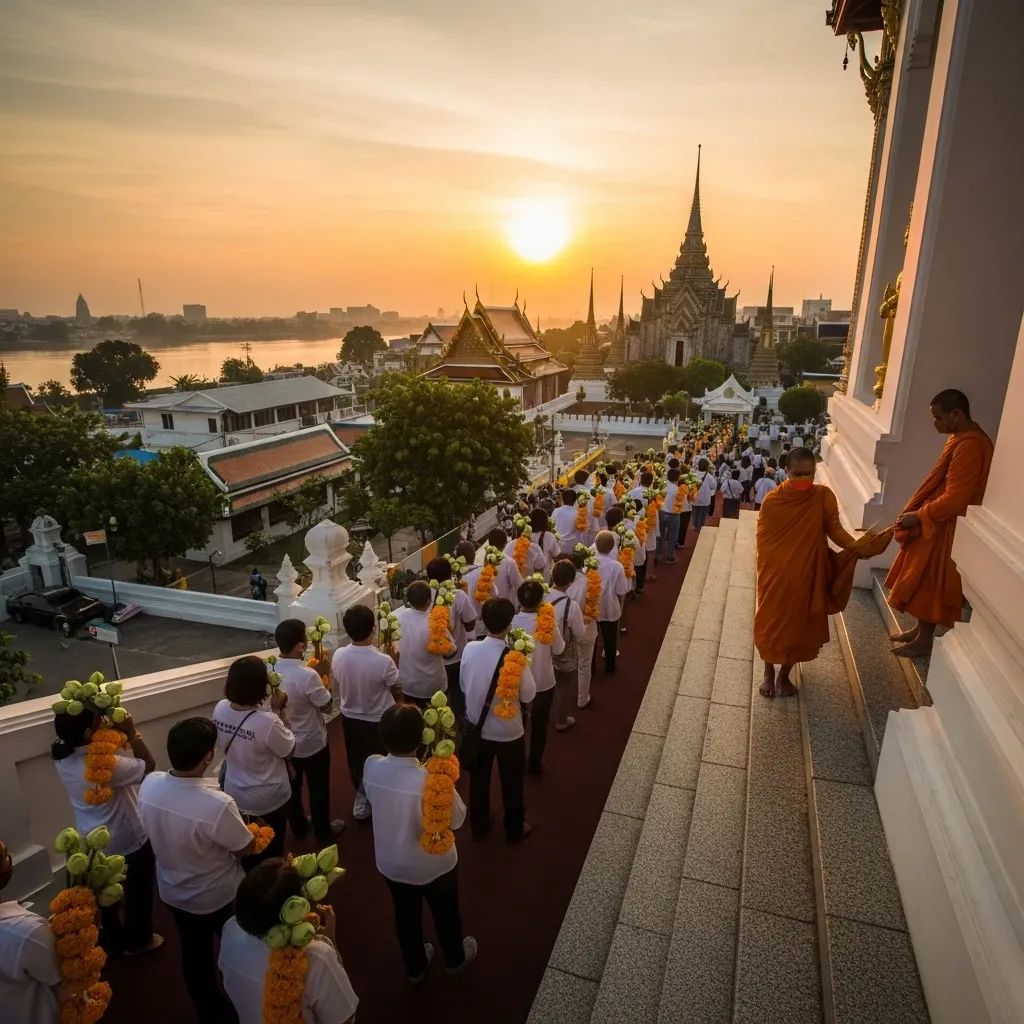 Wide shot of worshippers holding flower offerings at dawn in front of a Thai temple