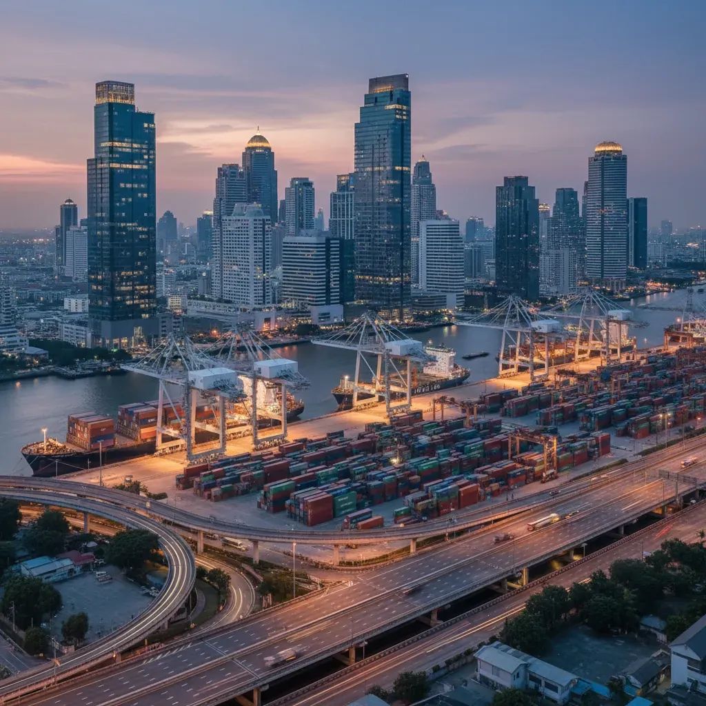 Bangkok office towers and cargo logistics infrastructure representing Thailand's role as international trade and transshipment hub