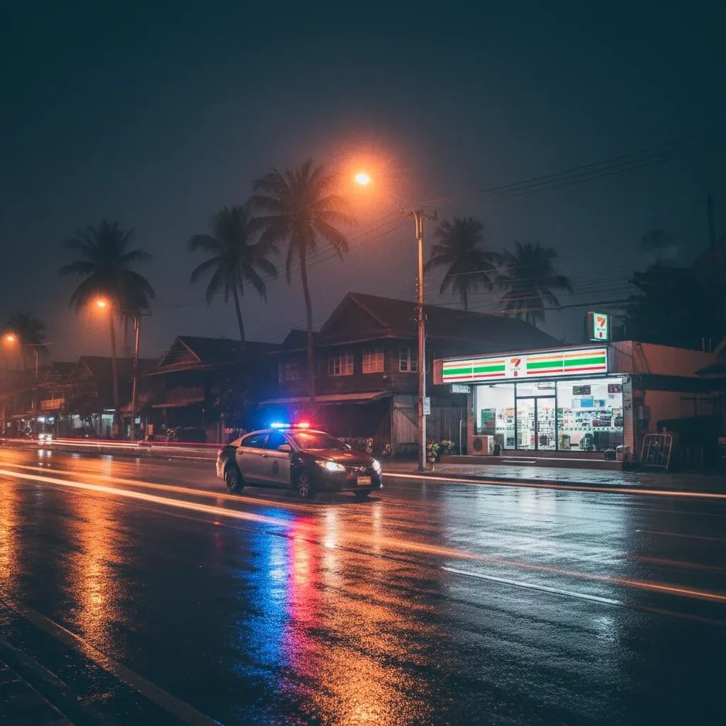 Police patrol car drives past a small convenience store on a quiet Bang Saray street at night