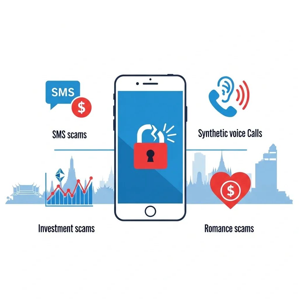 Infographic of smartphone with broken lock and icons for SMS, voice, crypto, and romance scams against a Thai city backdrop