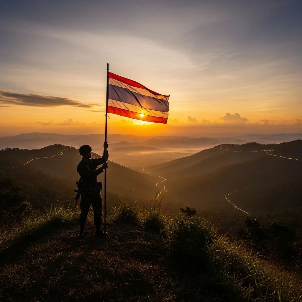 Thai soldier raising national flag atop Hill 225 at sunrise overlooking forested border ridge