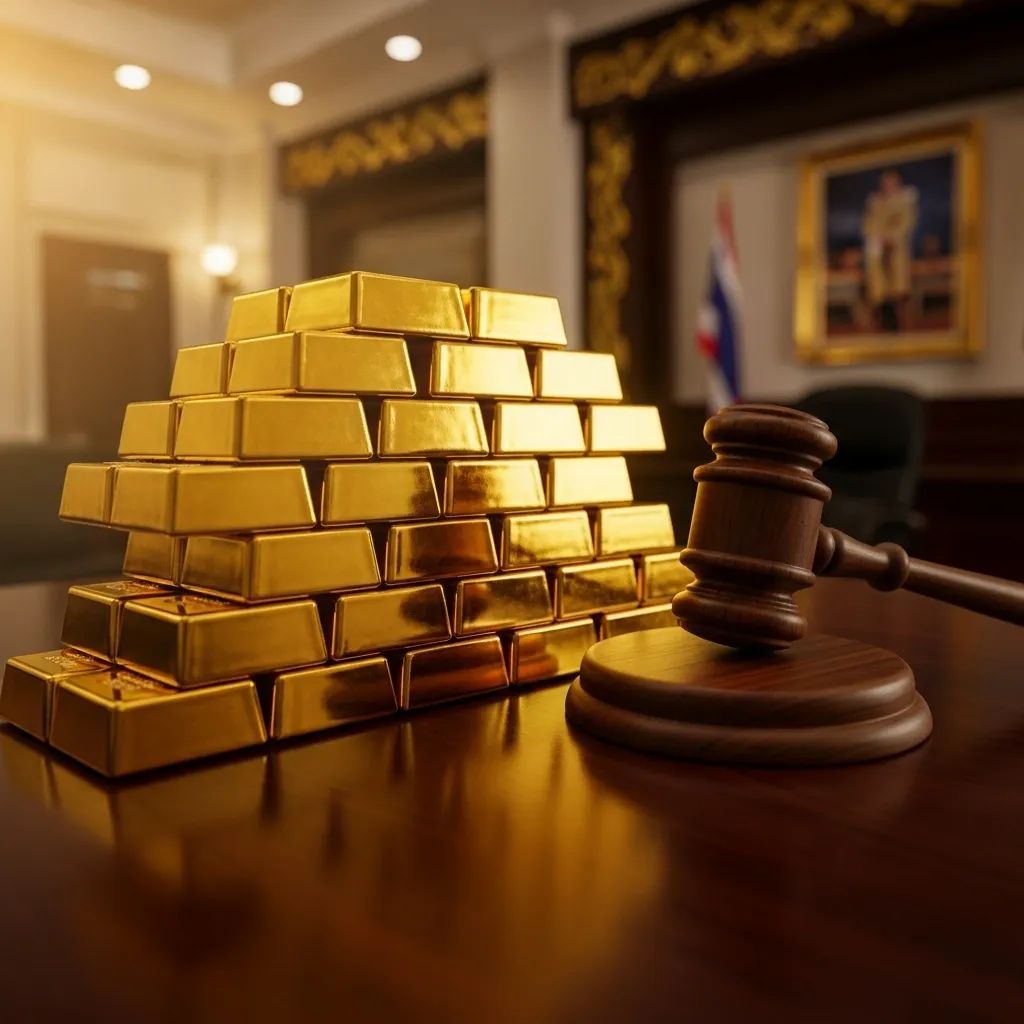Stack of gold bars and a gavel on a desk in a government office symbolizing a bribery probe