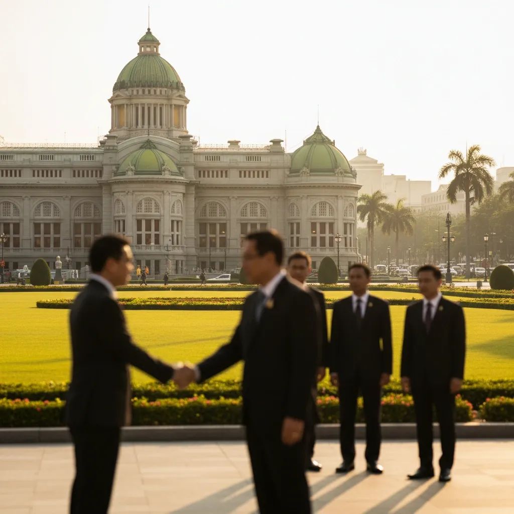 Thai Government House with officials shaking hands, symbolising coalition negotiations