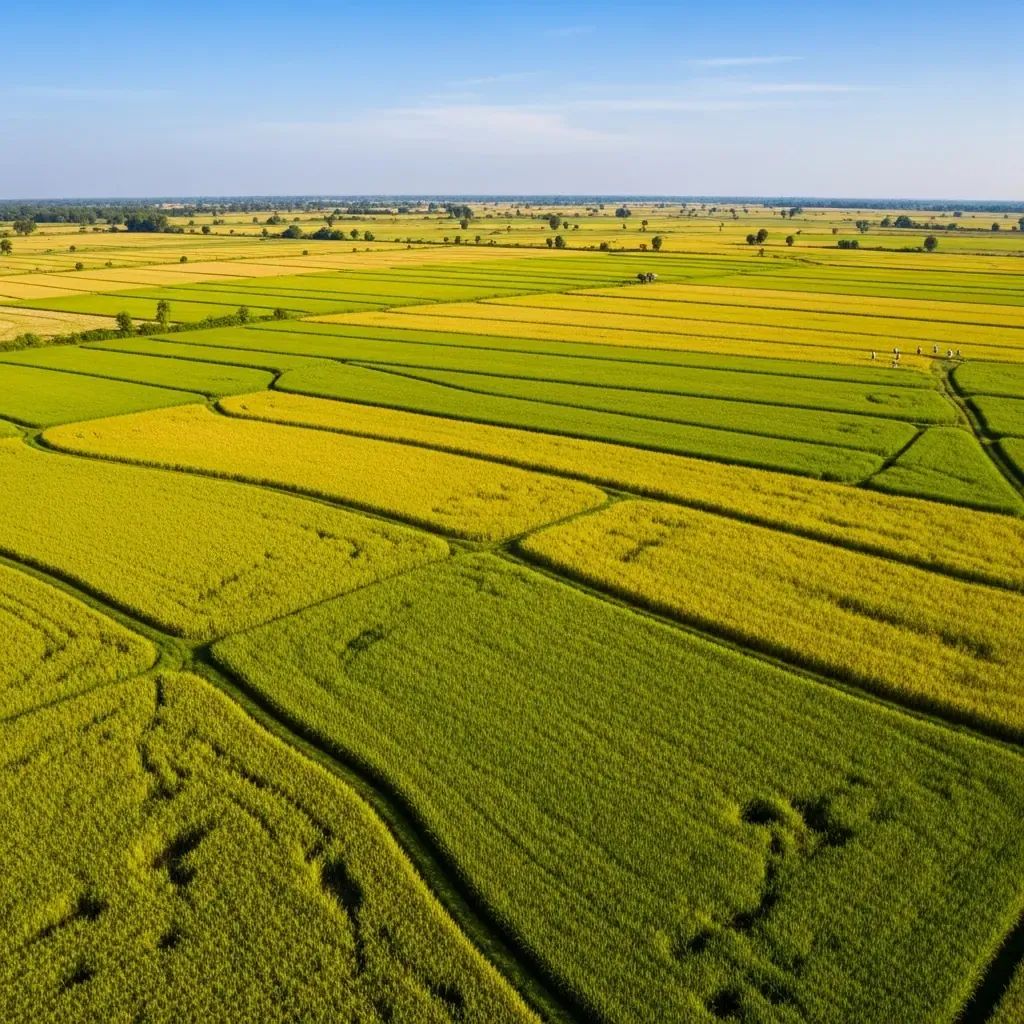Aerial view of Thai rice paddies divided into green and golden zones under clear blue sky