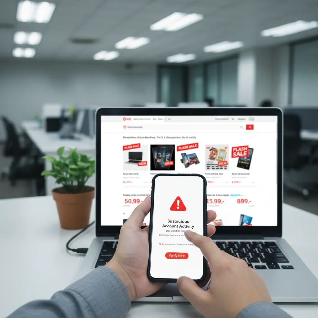 Hands holding smartphone and laptop displaying online scam messages in an office