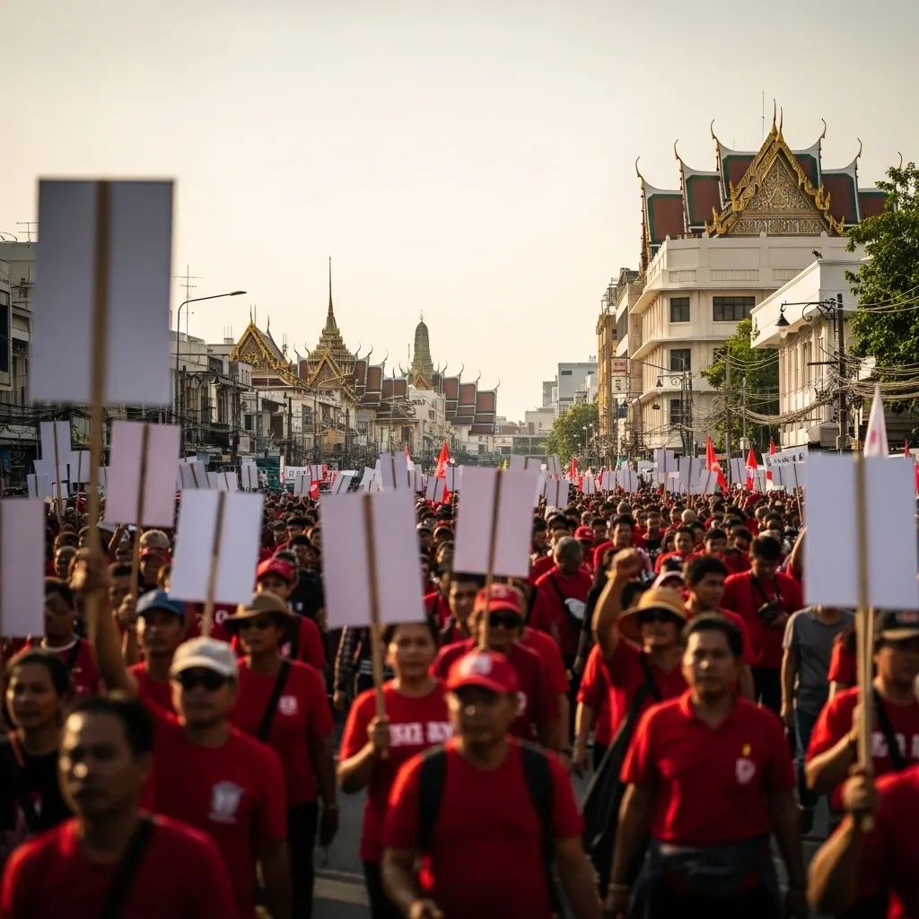 Pheu Thai supporters in red shirts at a campaign rally on a Bangkok street