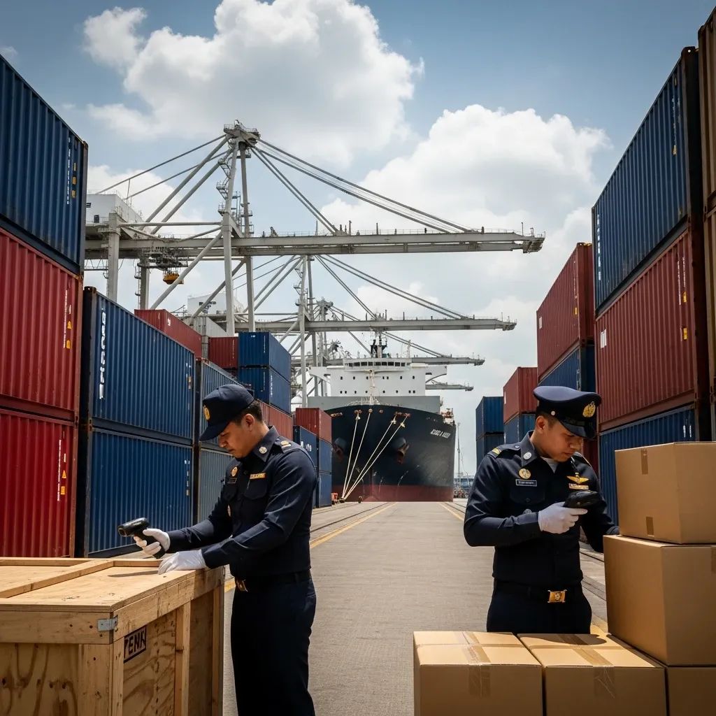 Customs officers inspecting shipping containers at a Thai port for origin verification