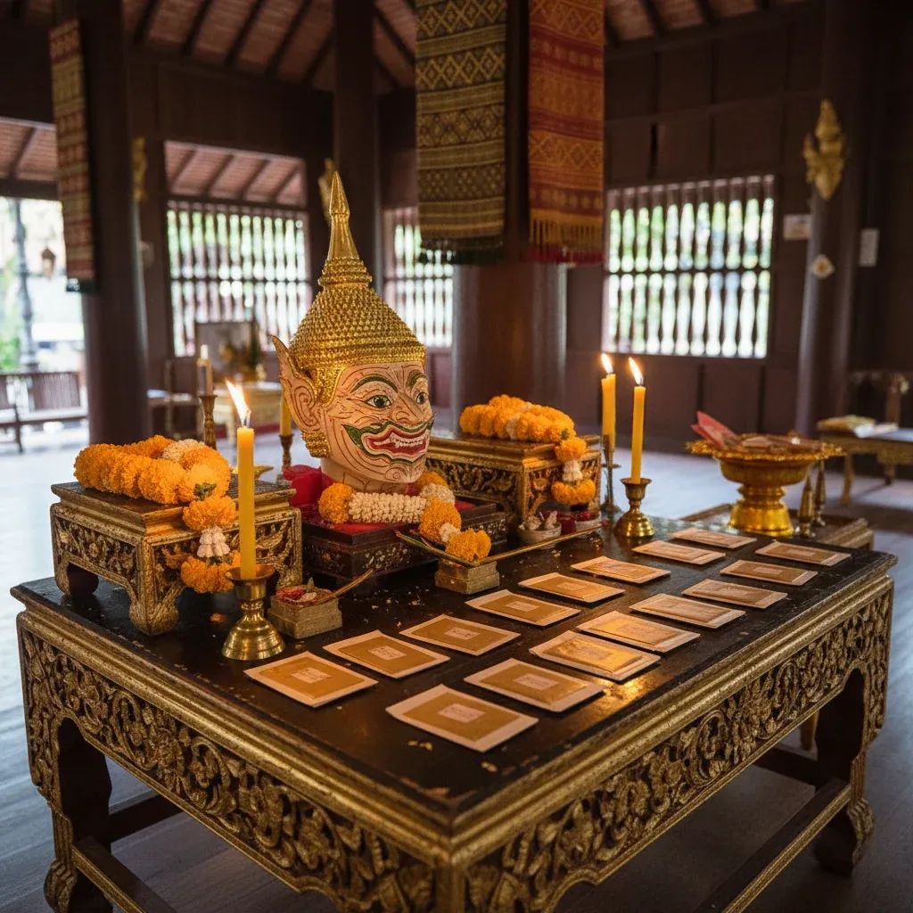 Lanna blessing hall at Khum Na Nathong with gold leaf sheets, ceremonial mask and candles