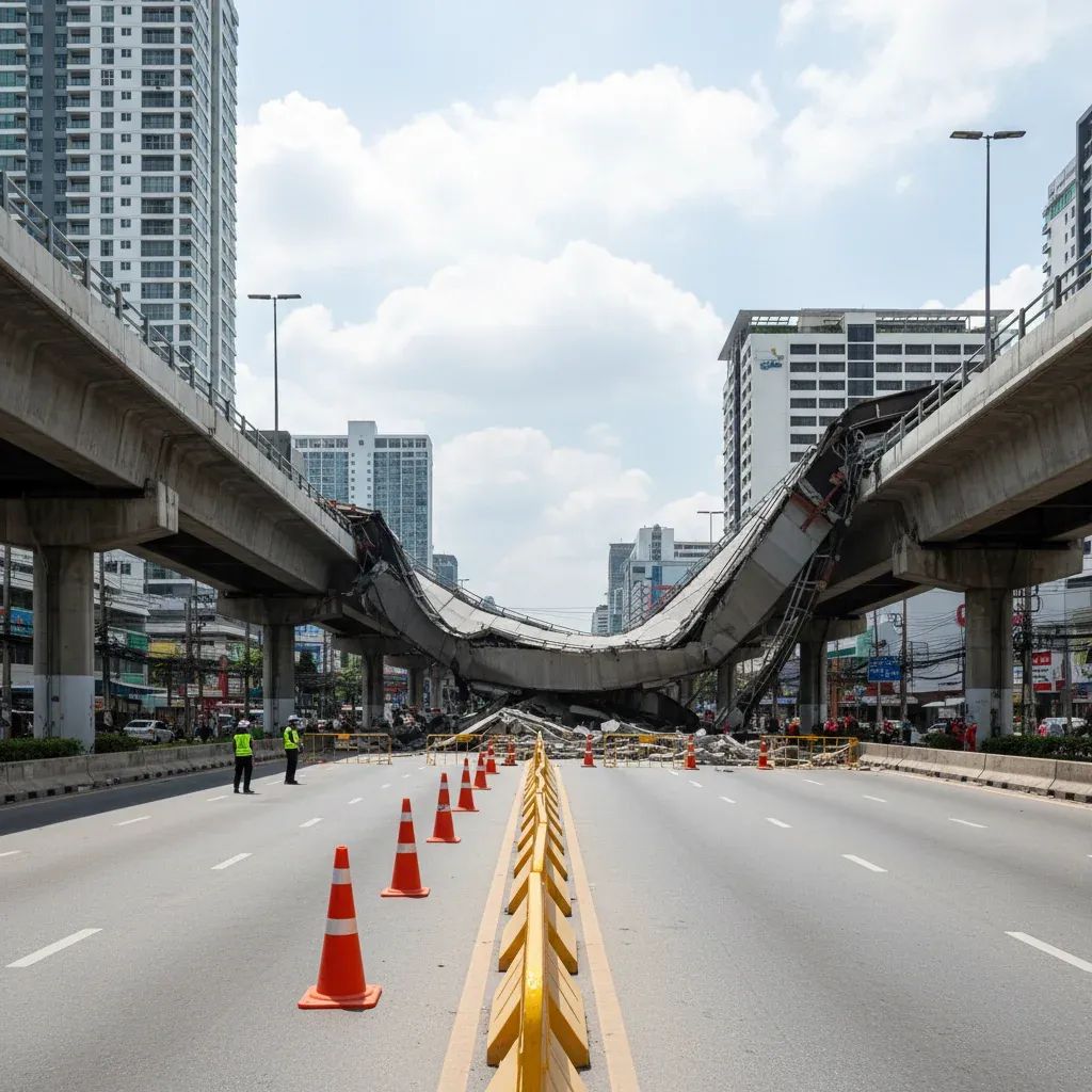 Collapsed steel girder blocks lanes on Rama II Road overpass with traffic cones and barriers