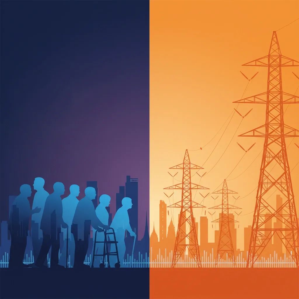 Infographic split-screen of senior silhouettes and electricity pylons against a Bangkok skyline