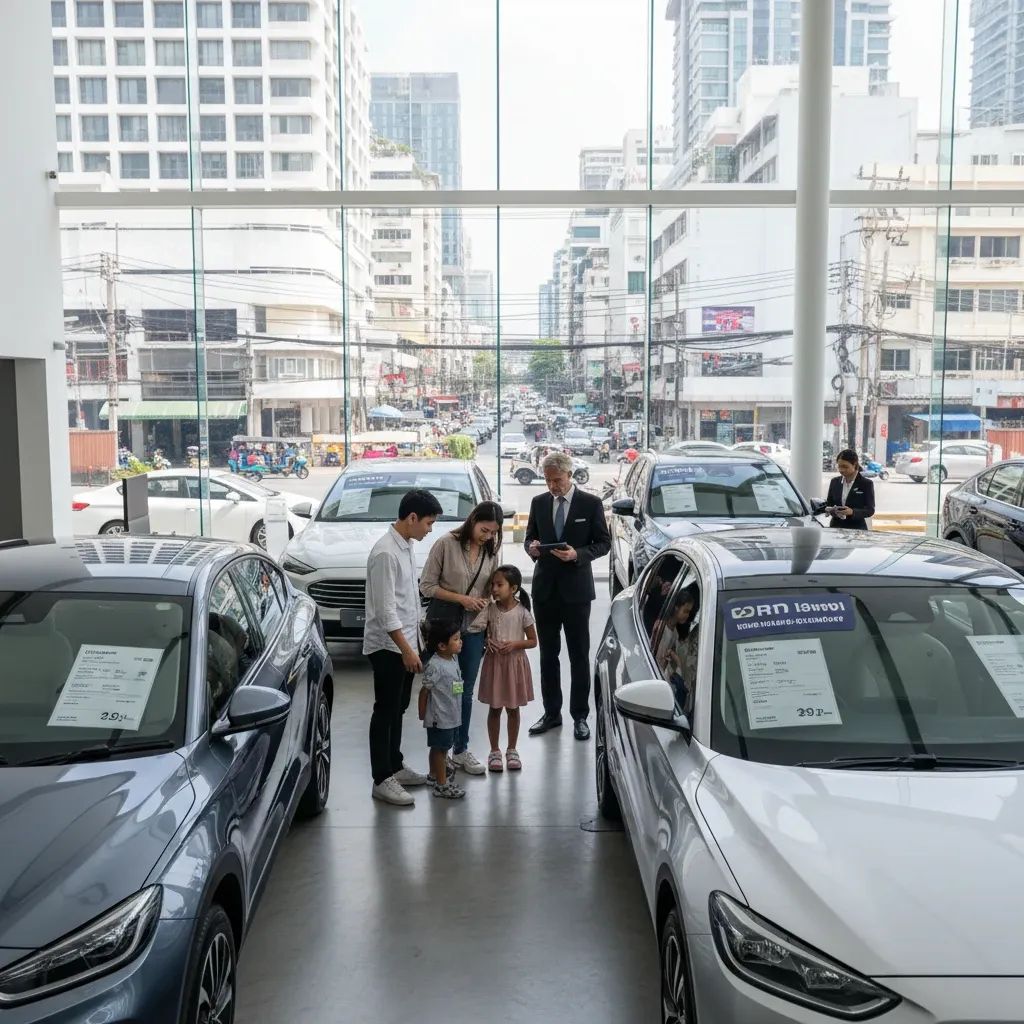 Dealership showroom with customers viewing electric vehicles displaying mandatory Thai-language labeling