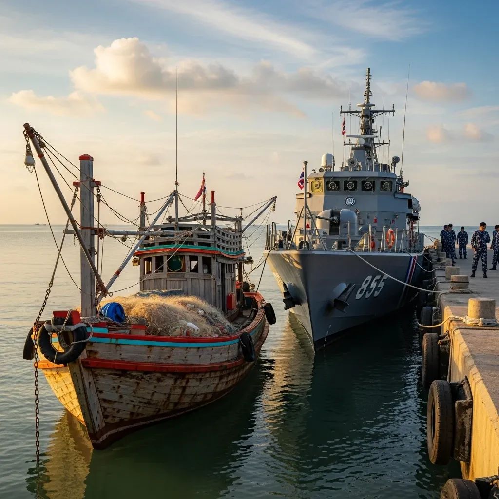 Thai Navy patrol ship docked beside a seized wooden fishing trawler in Trat port