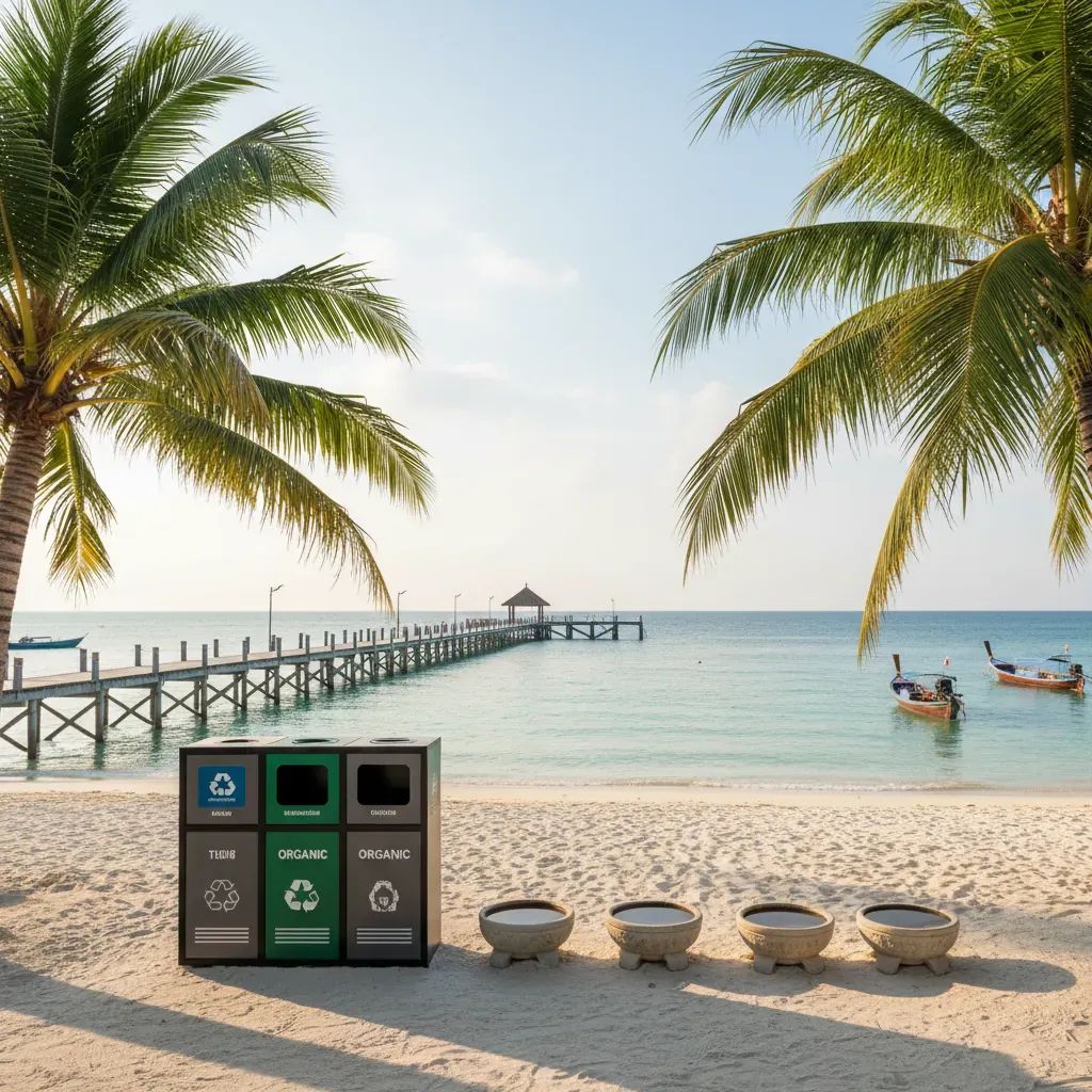 Koh Larn coastal pier with modern community dog feeding infrastructure setup on tropical beach