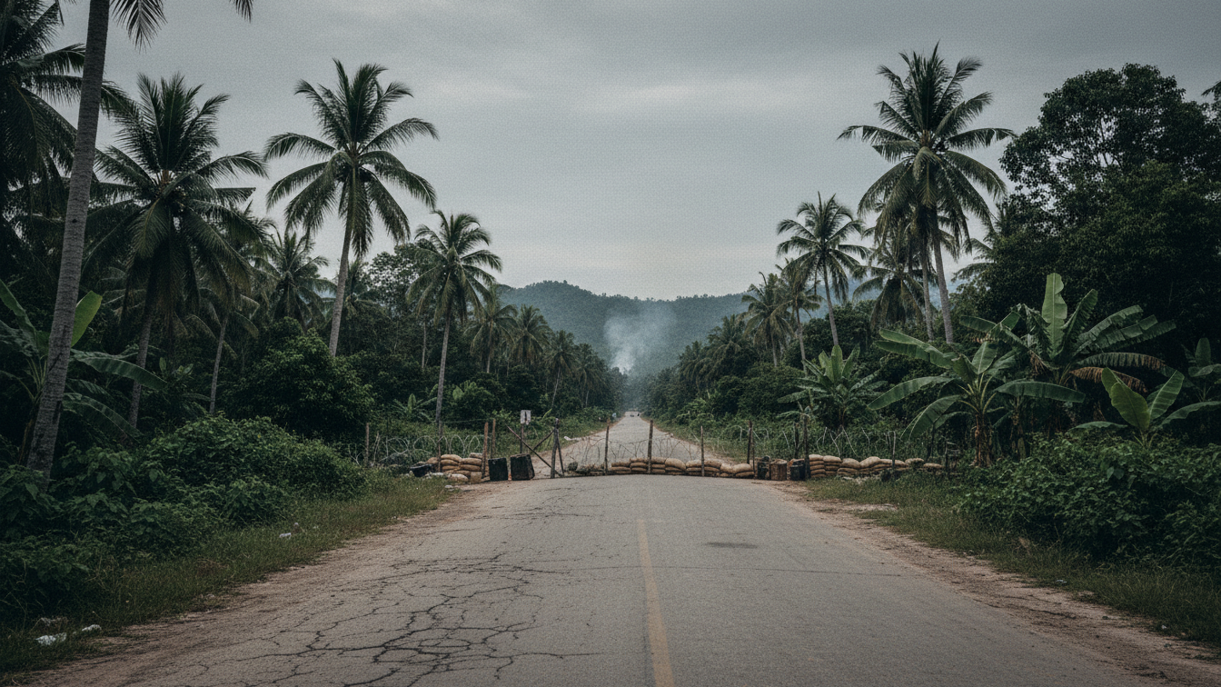 Wide view of a guarded rural road near the Thailand–Cambodia border, reflecting security measures during ongoing border tensions