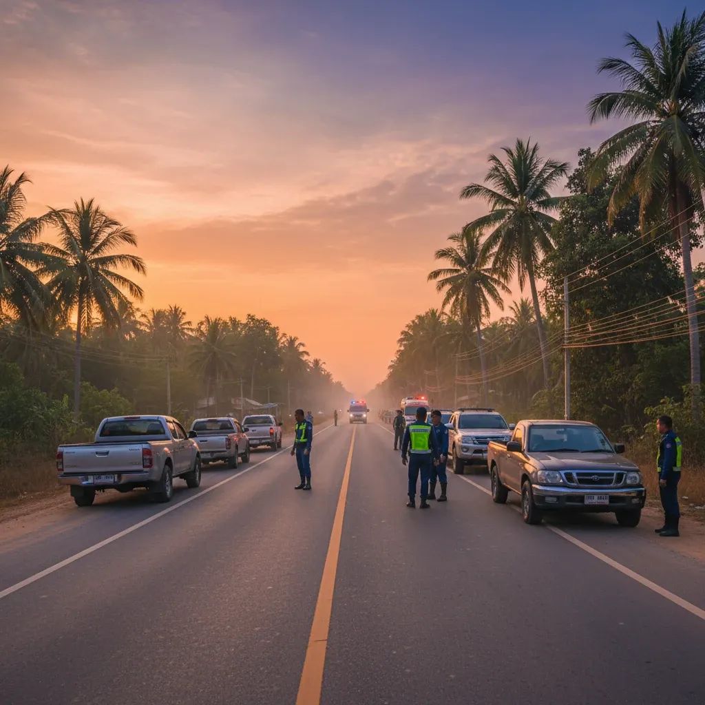 Thai police checkpoint on rural road during Songkran festival with emergency vehicles visible