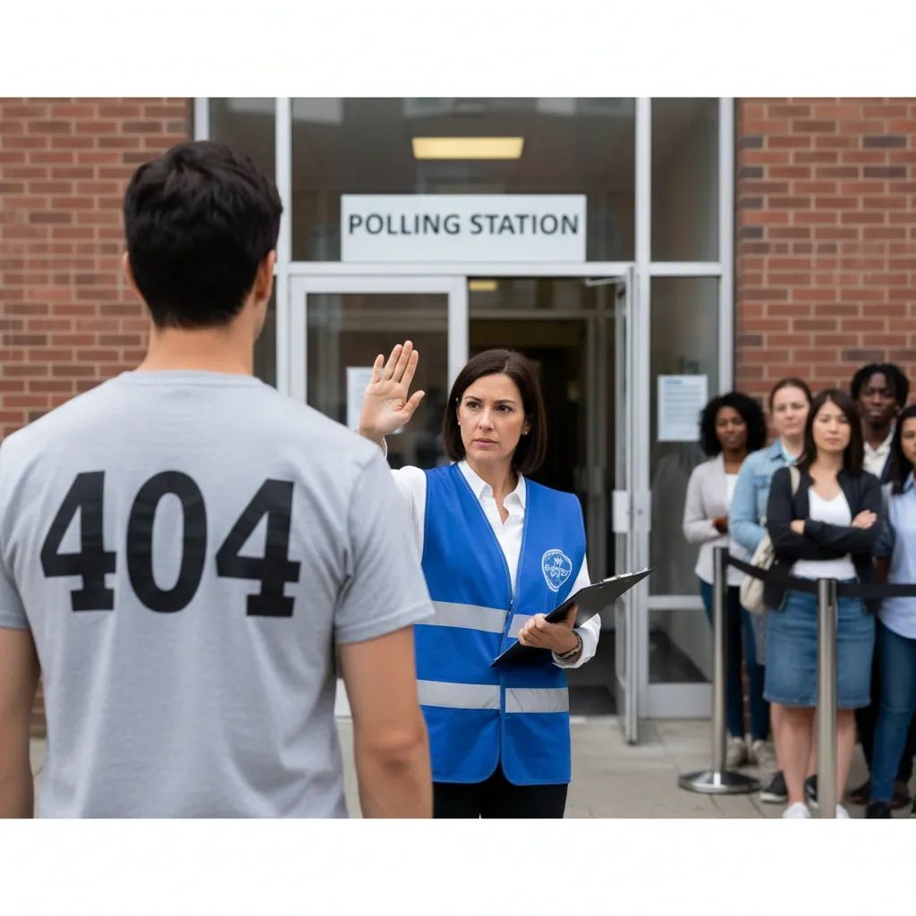 Voter wearing a numbered T-shirt is stopped by an election official at a polling station entrance