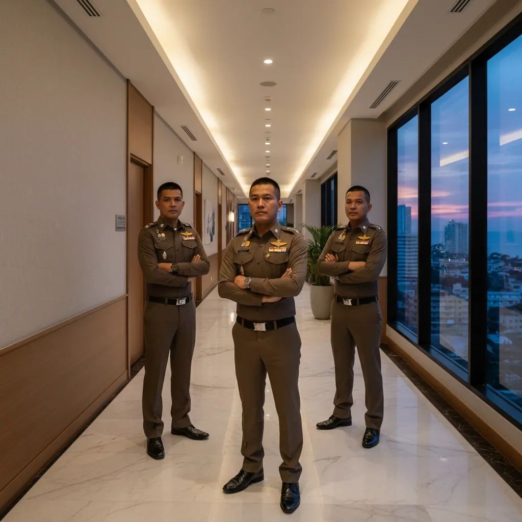 Thai immigration police conducting an official arrest operation in a hotel setting
