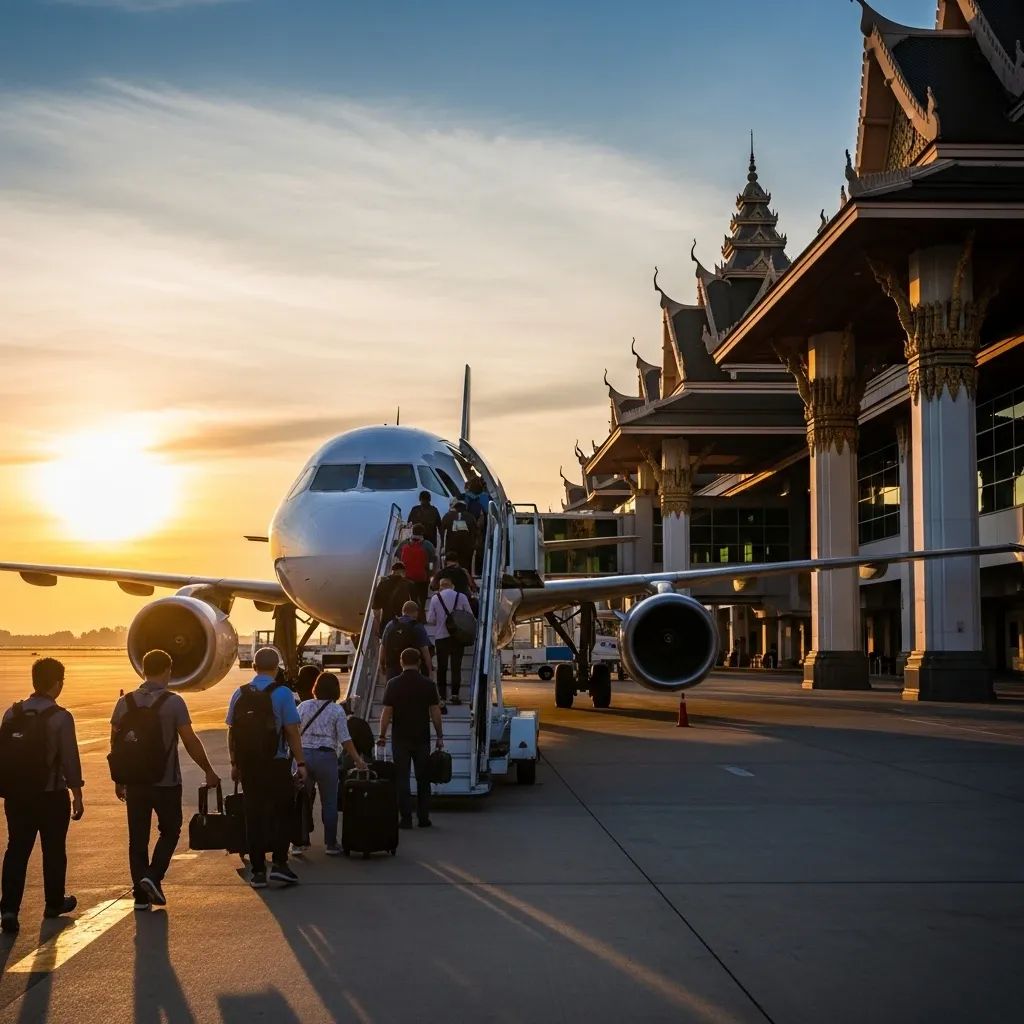 Travellers boarding a passenger plane on an airport tarmac for repatriation flight