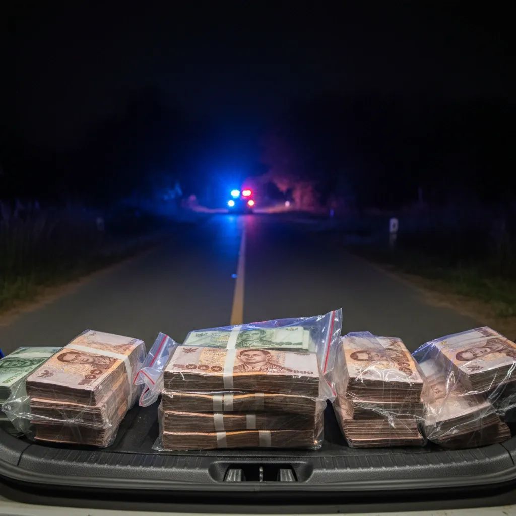 Open car trunk with evidence bags of Thai baht bills and police lights in background
