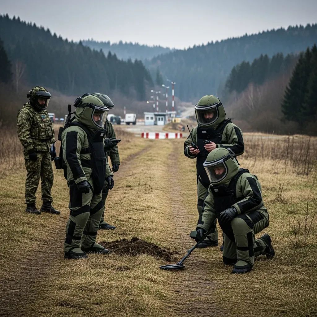 EOD team inspecting a minefield near a rural Thailand-Cambodia border checkpoint
