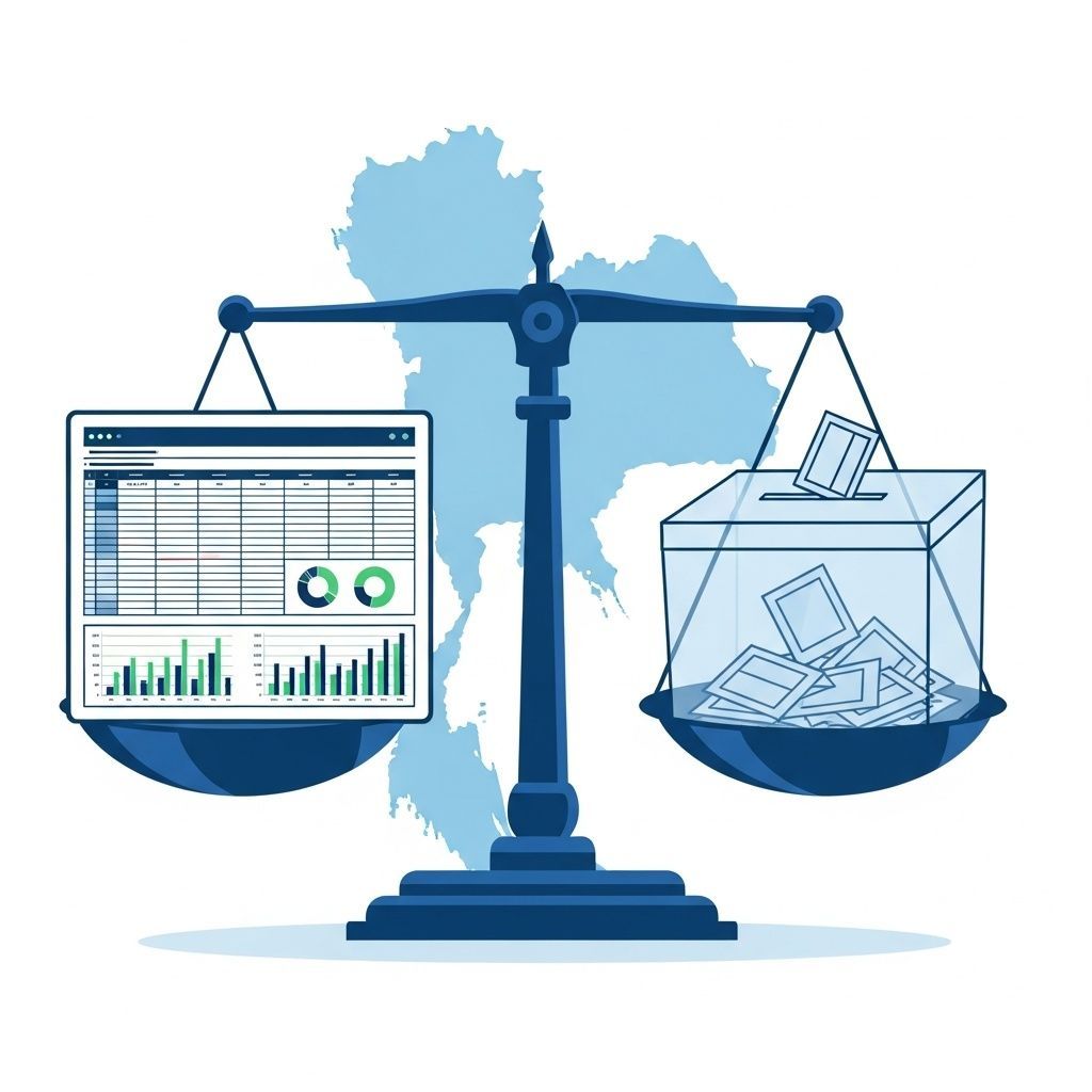 Infographic of a balance scale with a spreadsheet and ballot box over a Thailand map