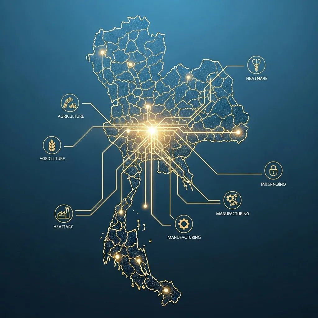 Infographic-style map of Thailand overlaid with AI circuit lines and icons for agriculture, healthcare, manufacturing, and security