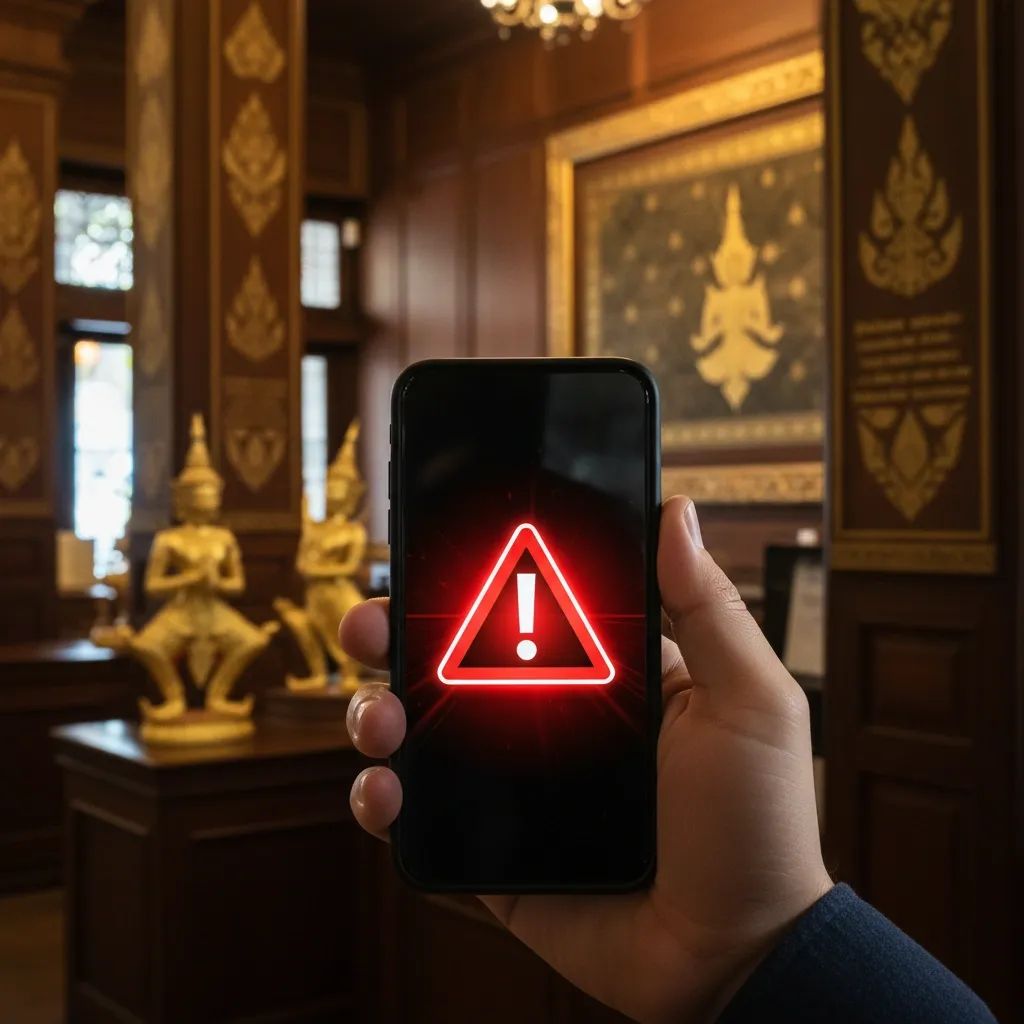Hand holding smartphone displaying banking alert icon inside a Thai bank branch