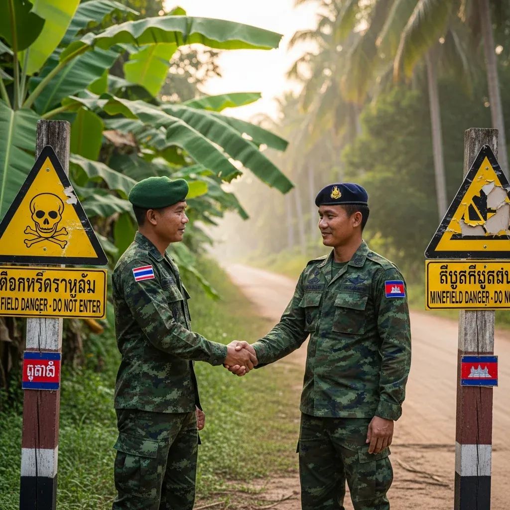 Thai and Cambodian soldiers shaking hands at a rural border checkpoint with demining warning signs