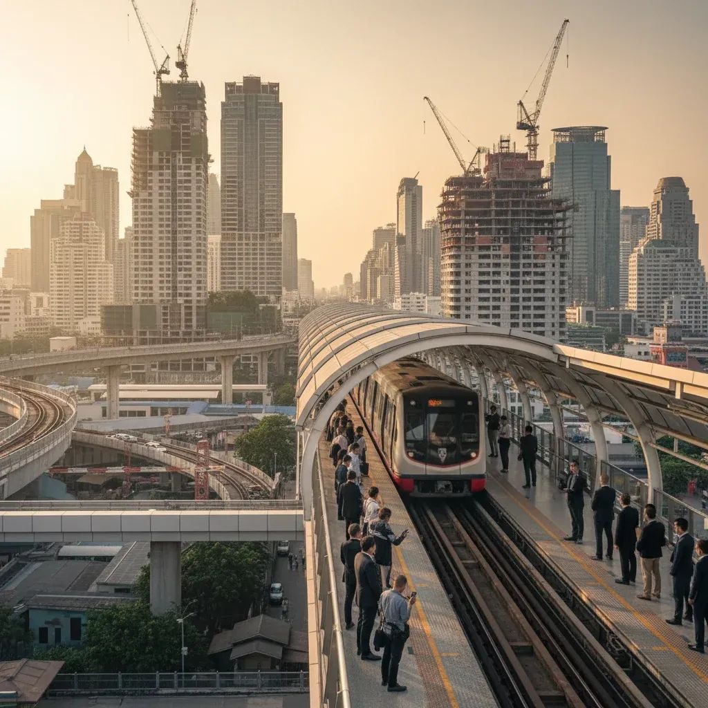 Bangkok commuters at modern transit station with construction cranes and city skyline in background, symbolizing Thailand's infrastructure expansion