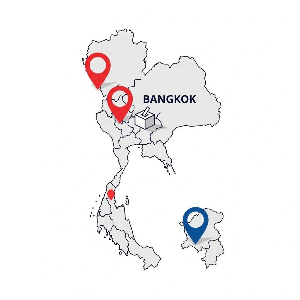 Infographic map highlighting southern Thailand and Bangkok constituencies for upcoming election