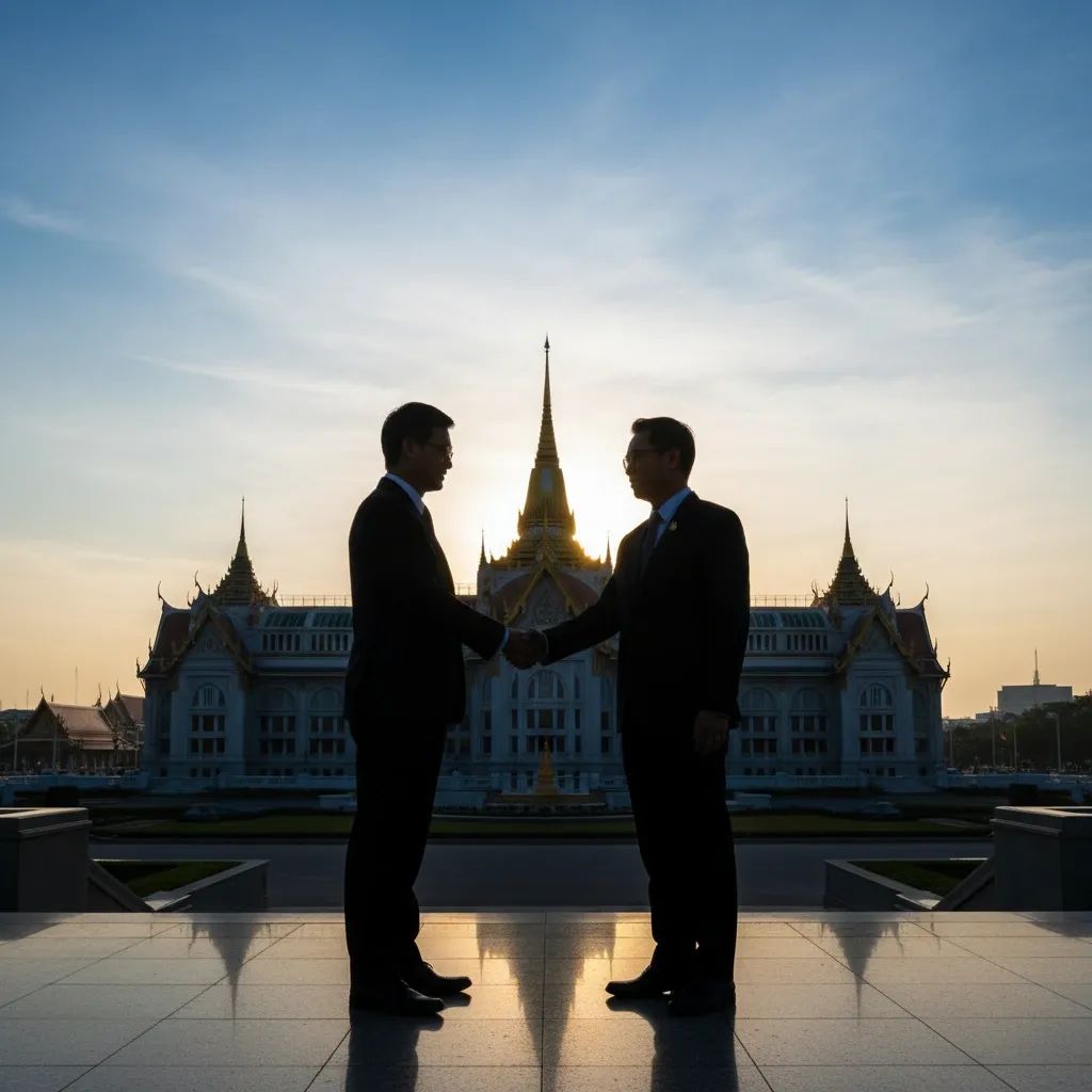 Silhouette of handshake in front of Thailand's Parliament building symbolizing political unity