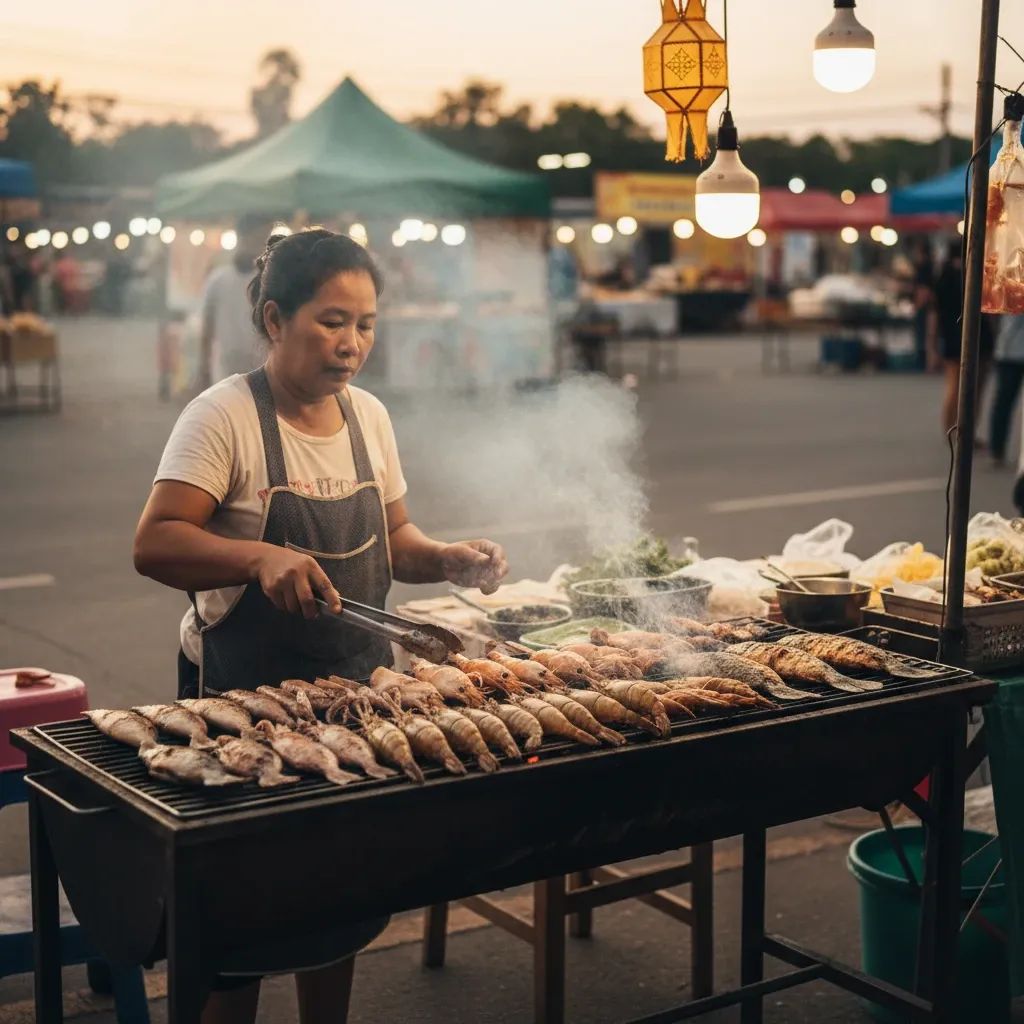 Grilled squid vendor at nearly empty Kanchanaburi agricultural fair preparing food at his stall