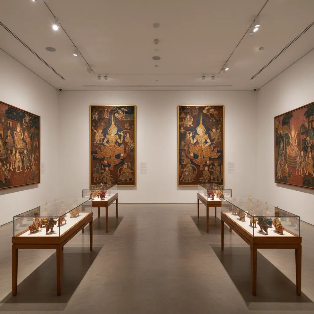 Modern museum gallery displaying Thai paintings and traditional puppet collection in professional exhibition setting
