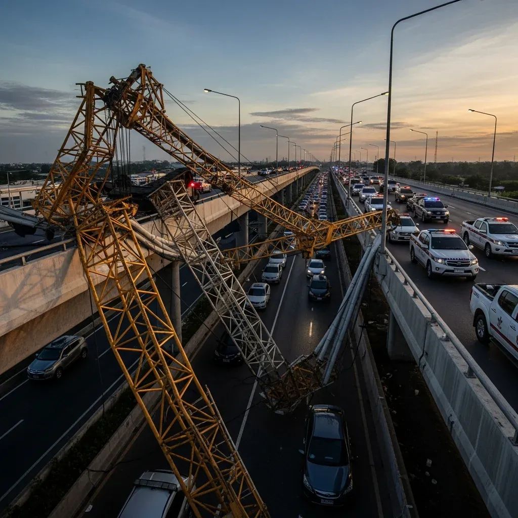 Overturned construction crane wreckage on a busy elevated Thai highway causing traffic congestion